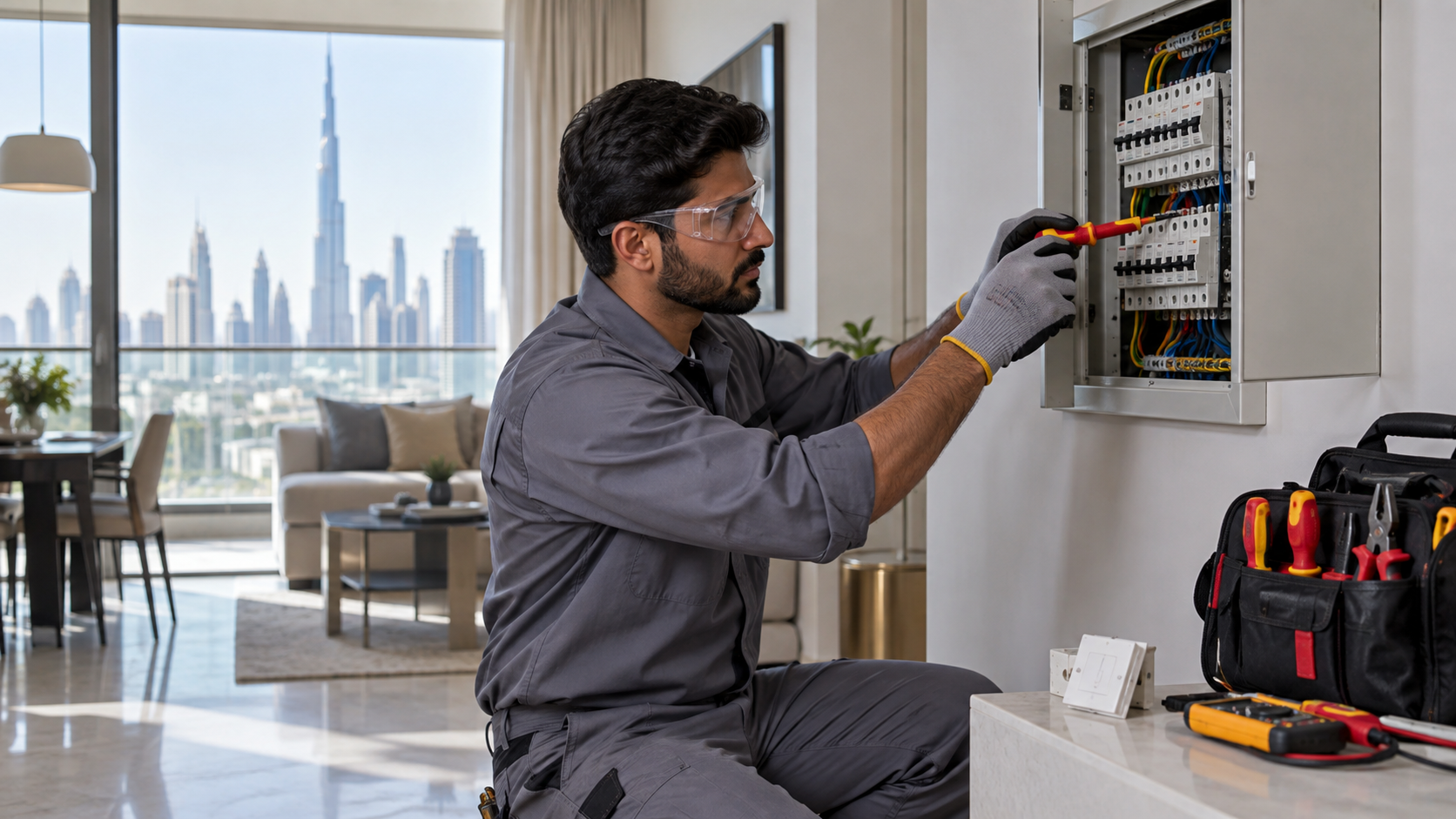 Professional electrician inspecting electrical work in a Dubai home