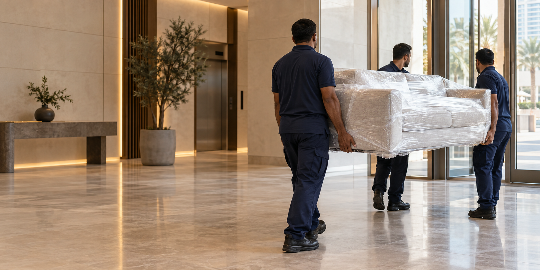 Professional moving labour safely carrying a sofa through a Dubai apartment lobby