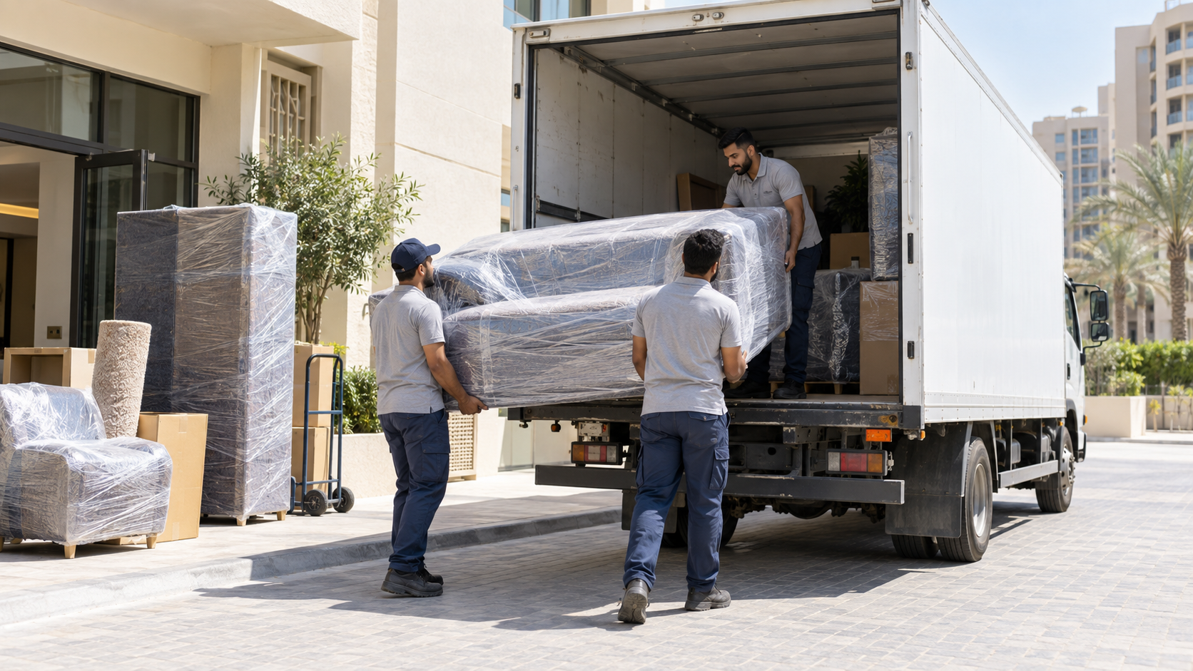 Three ton moving truck with crew loading furniture in Dubai